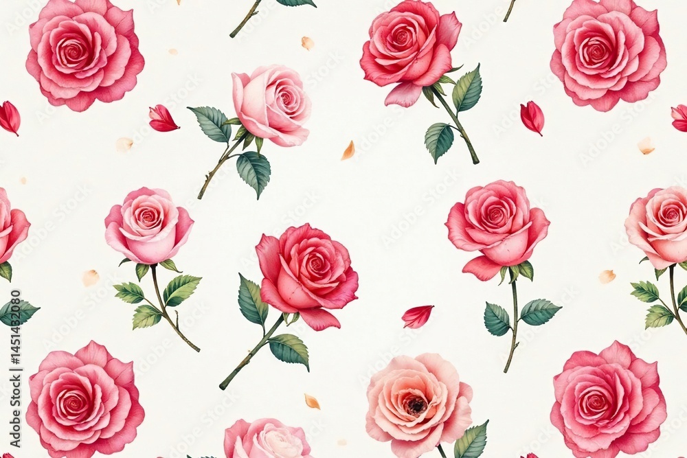 Fototapeta premium Delicate watercolor rose pattern, seamless repeat , flowers, green, romantic