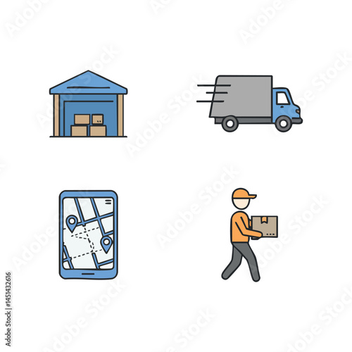 Delivery service process icon set warehouse truck gps and delivery man vector art