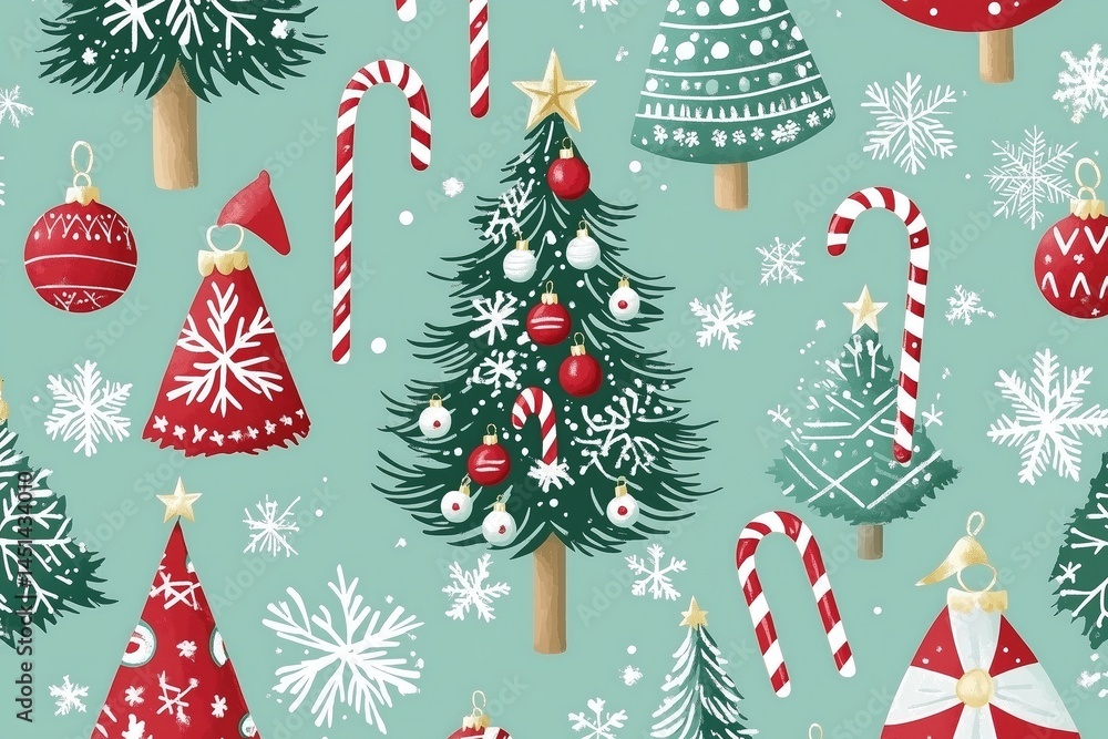 Festive christmas pattern with trees, candy canes, and snowflakes on green background Festive christmas pattern with trees, candy canes, and snowflakes on green background