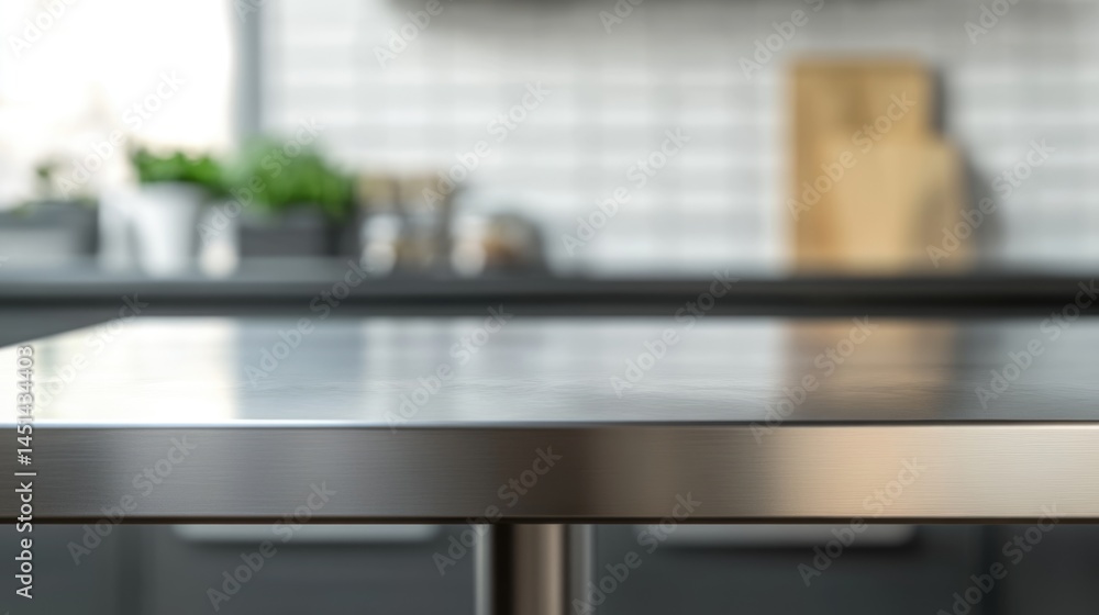 Empty stainless tabletop with blurred kitchen view background. Empty stainless tabletop with blurred kitchen view background.