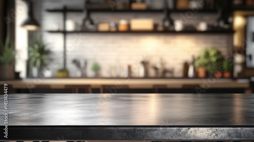 Empty stainless tabletop with blurred kitchen view background.