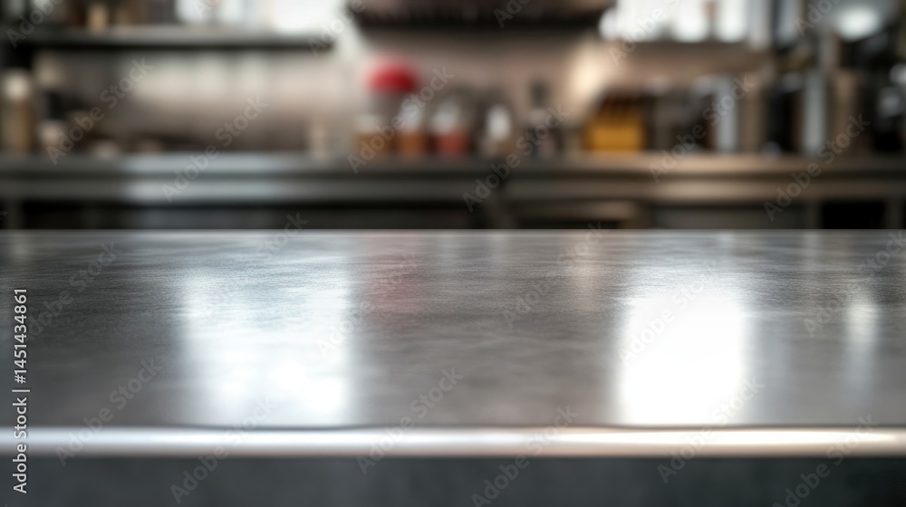 Fototapeta premium Empty stainless tabletop with blurred kitchen view background.