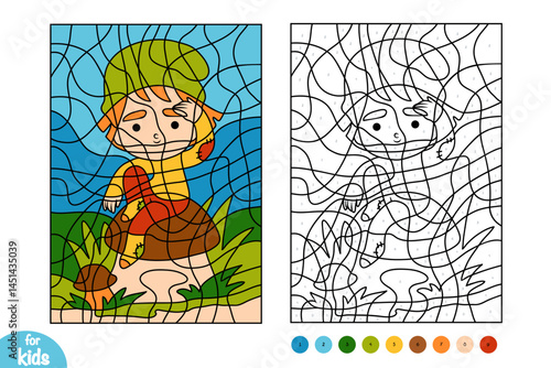 Color by number, education game for kids, Cute cartoon gnome and mushroom