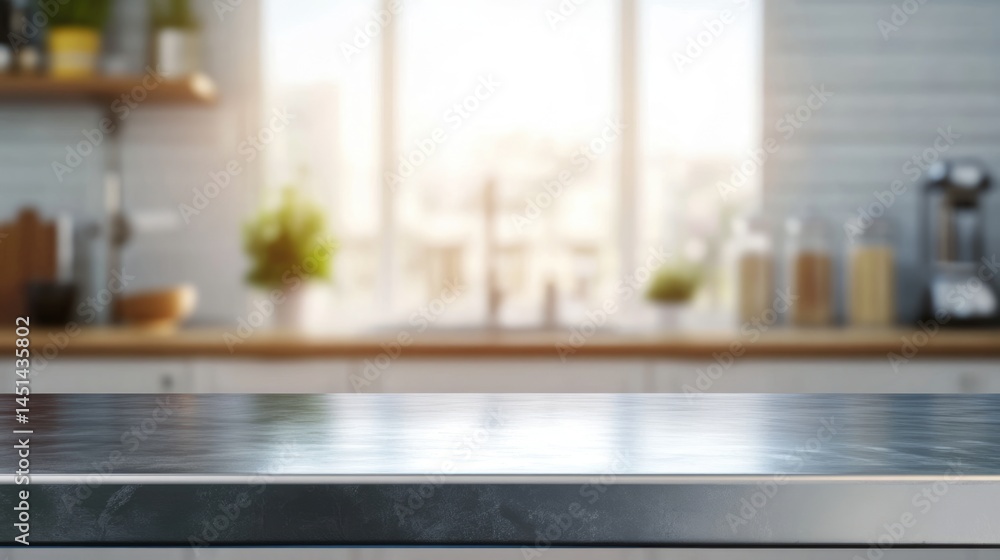 Fototapeta premium Empty stainless tabletop with blurred kitchen view background.