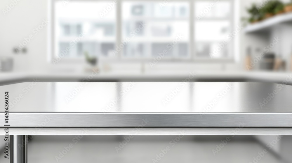 Empty stainless tabletop with blurred kitchen view background. Empty stainless tabletop with blurred kitchen view background.