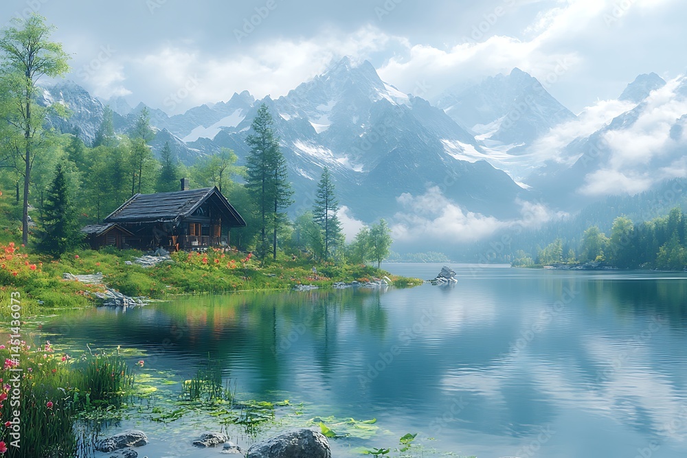 Fototapeta premium Serene mountain lake cabin with lush greenery and snow capped peaks