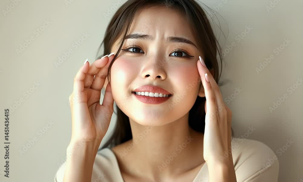 Close-up portrait of a young woman with hands on her face, showing a pensive expression. Close-up portrait of a young woman with hands on her face, showing a pensive expression.