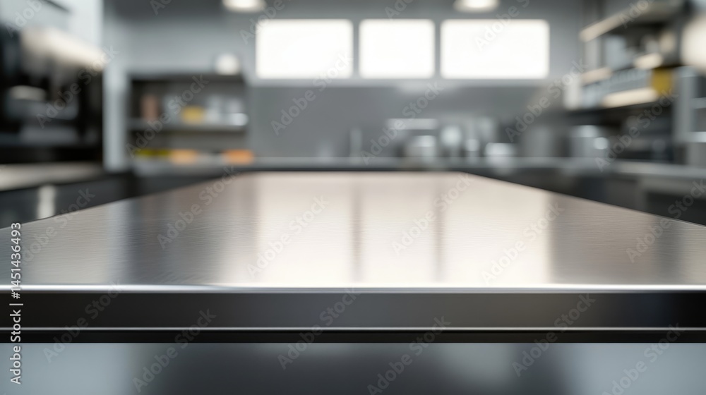 Empty stainless tabletop with blurred kitchen view background. Empty stainless tabletop with blurred kitchen view background.