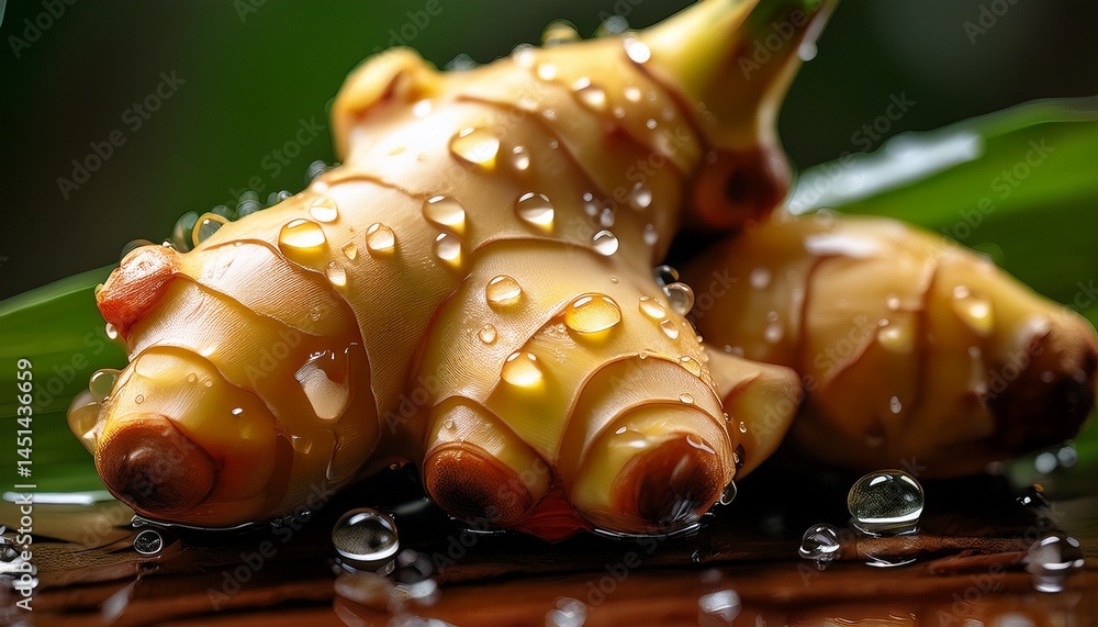 Naklejka premium Fresh Ginger Root with Water Droplets