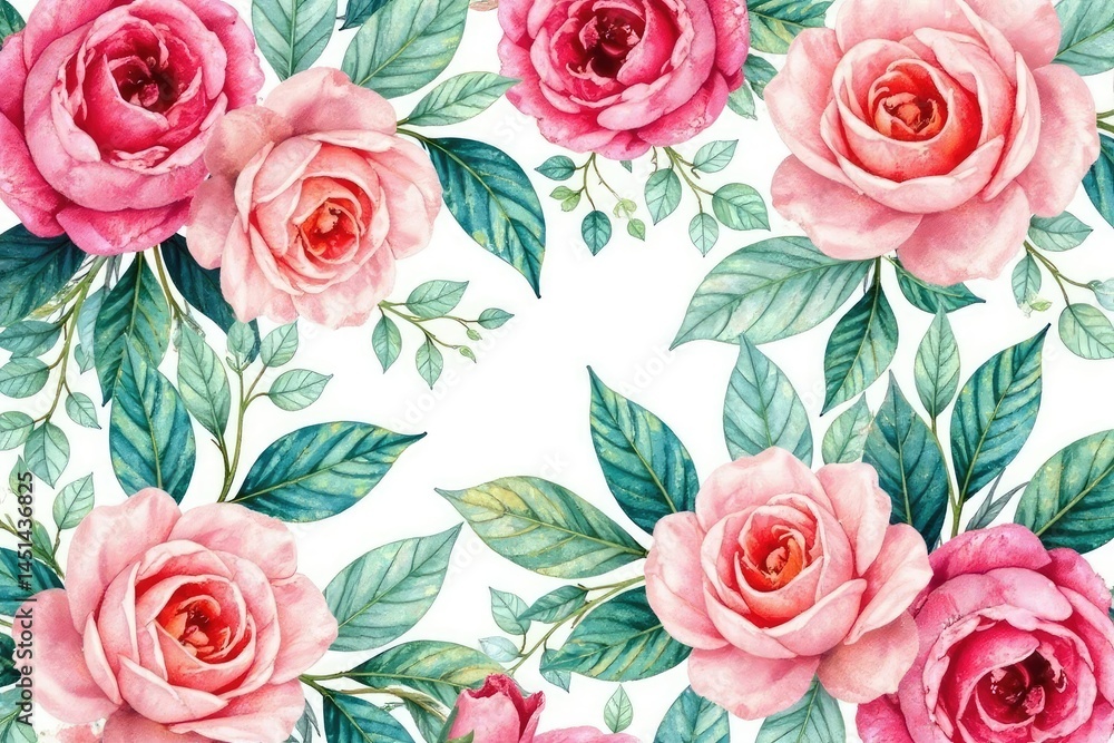 Delicate watercolor roses & leaves, repeating pattern, background, romantic Delicate watercolor roses & leaves, repeating pattern, background, romantic