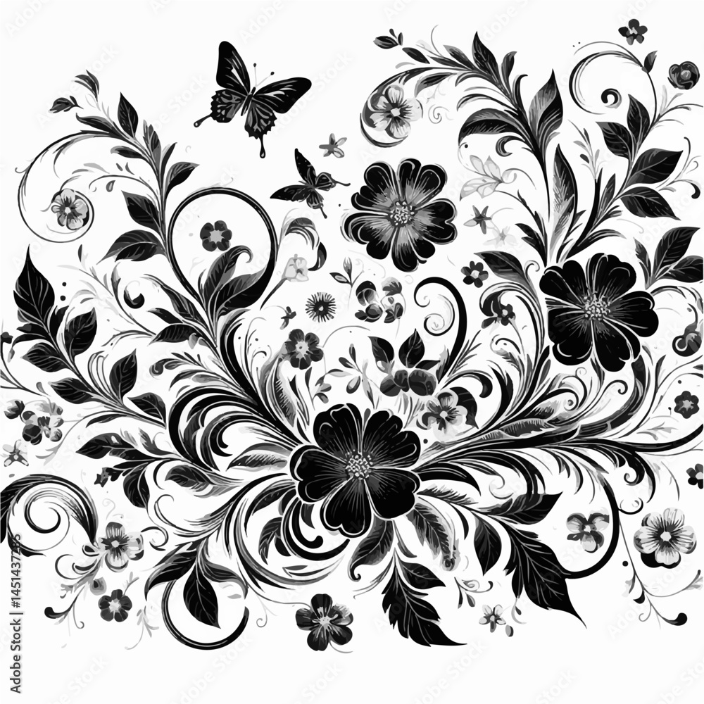 Intricate black and white floral design with blooming flowers, swirling leaves, and butterflies. Ideal for vintage decoration, wallpapers, prints, and ornamental backgrounds. Intricate black and white floral design with blooming flowers, swirling leaves, and butterflies. Ideal for vintage decoration, wallpapers, prints, and ornamental backgrounds.