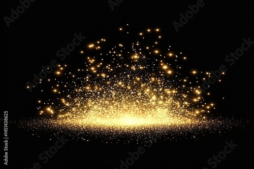 Golden sparks explosion on black background  Detailed display of many small, bright golden particles erupting upward from a golden base