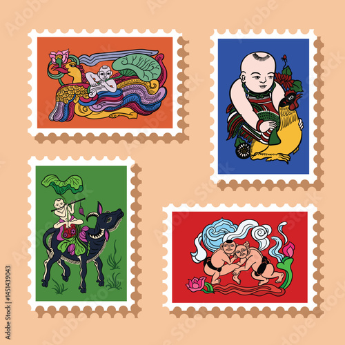 Collection of 4 Vietnamese folk painting stamps. Vector illustration..