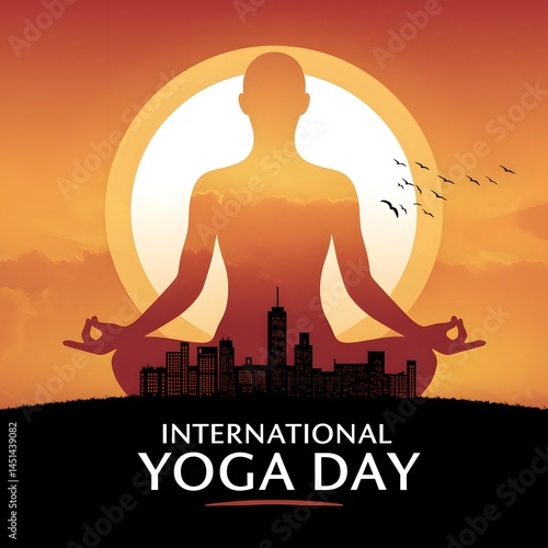 Silhouette of a person practicing yoga over a city, celebrating International Yoga Day