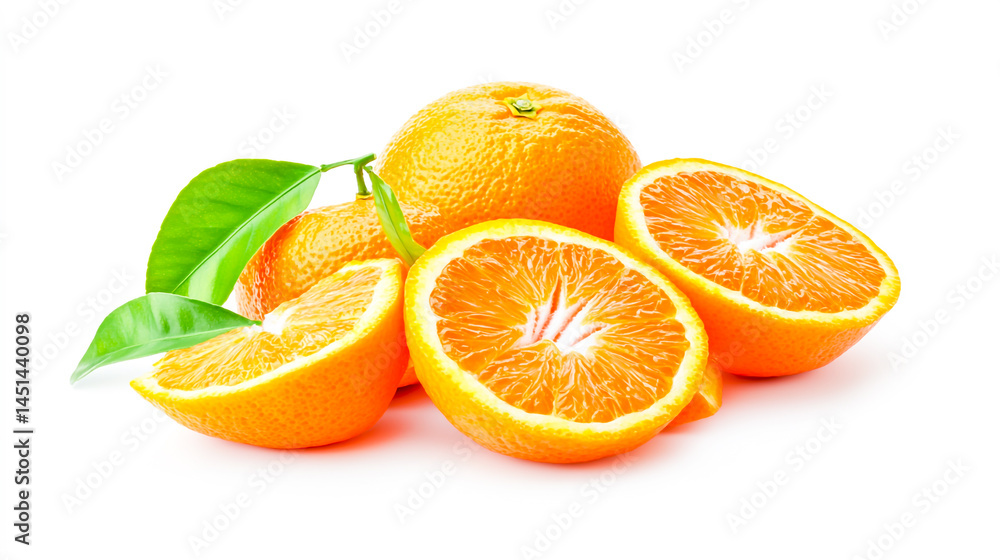 A pile of tangerine slices and whole mandarins with leaves, isolated on a white background. A pile of tangerine slices and whole mandarins with leaves, isolated on a white background.