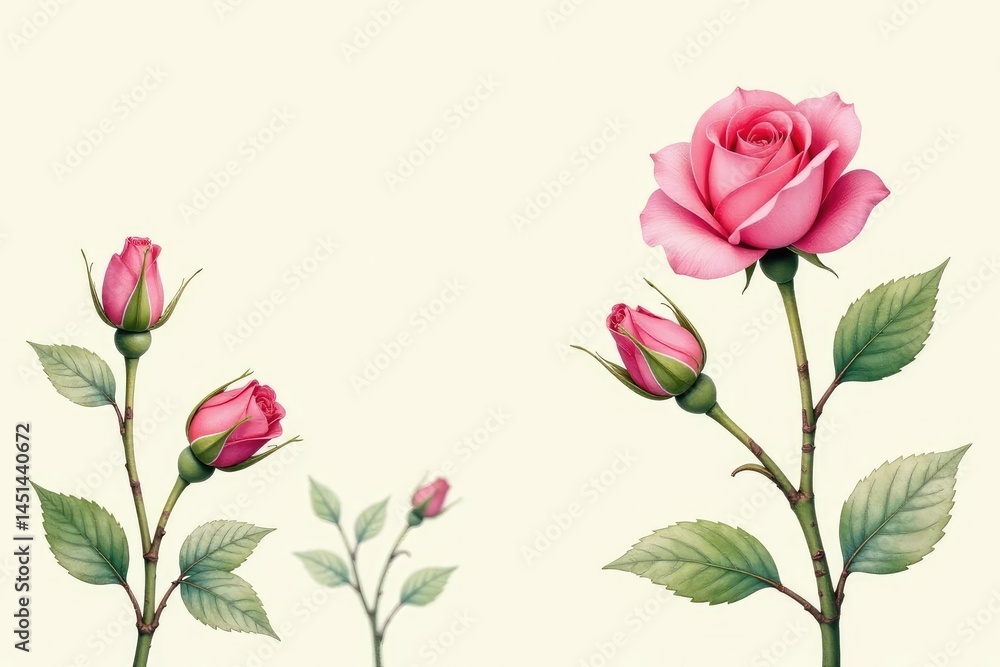 Fototapeta premium Delicate watercolor rosebuds & leaves on cream, wallpaper, textile, buds
