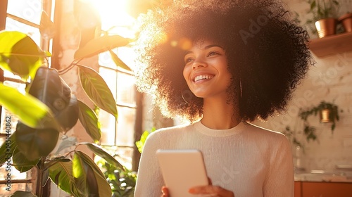 Radiant woman with curly hair enjoying sunshine indoors while using her phone