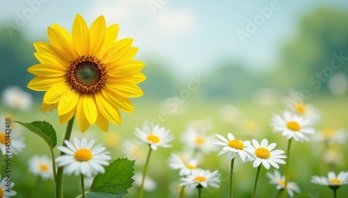 One bright yellow sunflower among many white daisies, closeup, anomaly, conspicuous