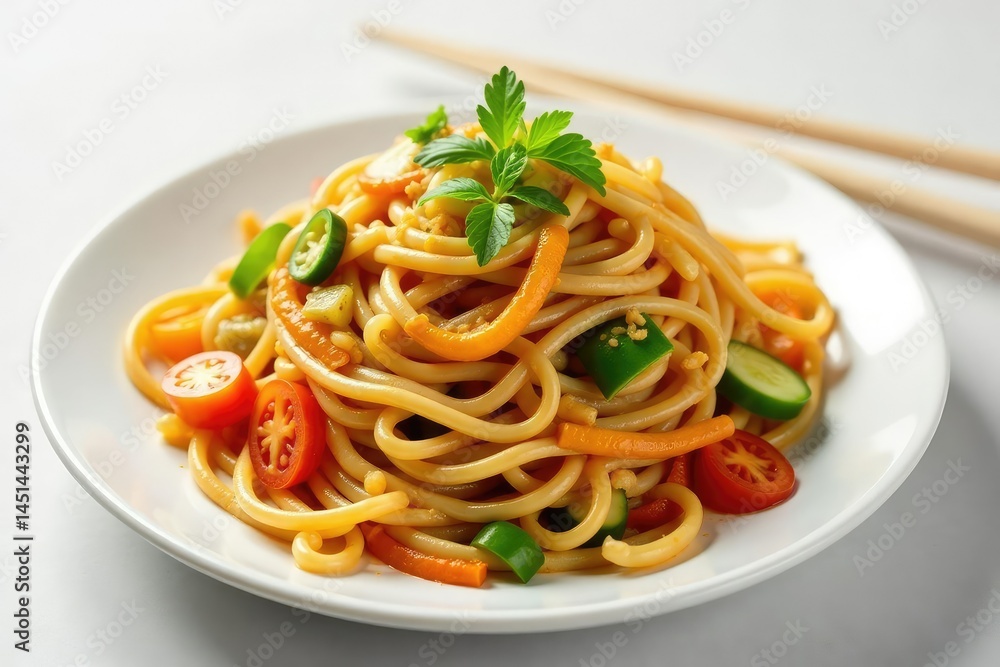 Stir-fried noodles with vegetables on white background, meal, sauce Stir-fried noodles with vegetables on white background, meal, sauce