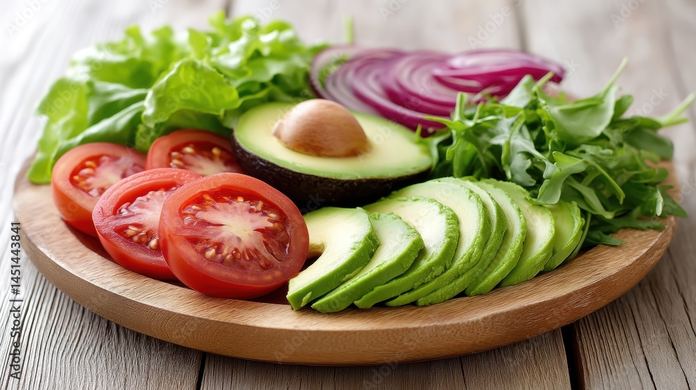 Fresh sliced avocado, tomatoes, red onion, and leafy greens arranged on a wooden plate. Fresh sliced avocado, tomatoes, red onion, and leafy greens arranged on a wooden plate.
