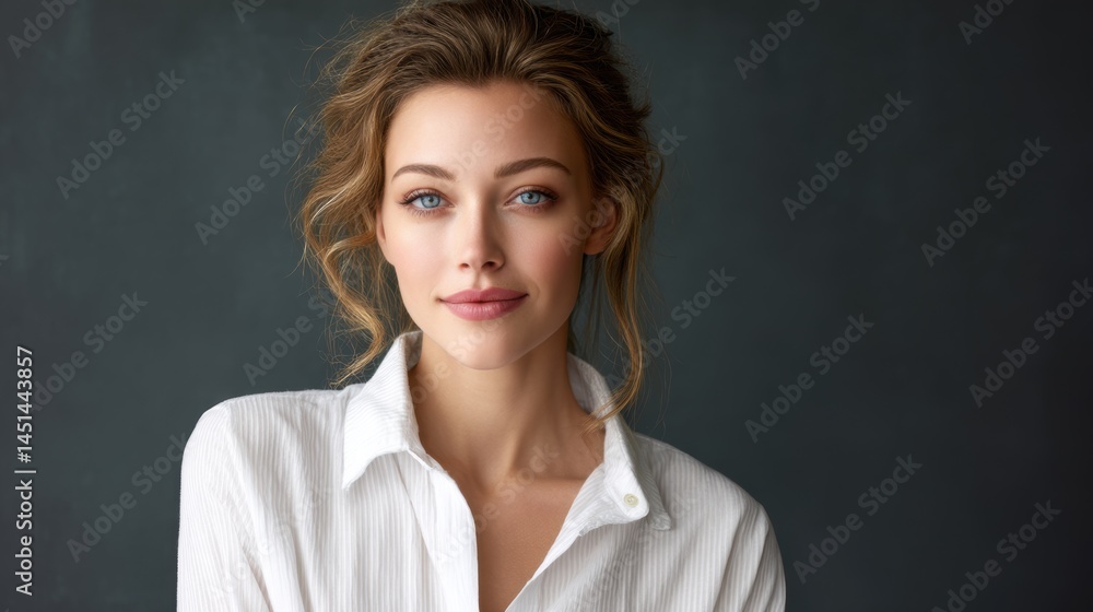 A young woman with blue eyes and wavy hair wears a white shirt, posing confidently against a dark background. A young woman with blue eyes and wavy hair wears a white shirt, posing confidently against a dark background.