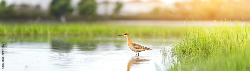 Wetland Ecosystems Adapting to Environmental Change, A bird stands in shallow water surrounded by lush green grass at sunset. Wetland Ecosystems Adapting to Environmental Change, A bird stands in shallow water surrounded by lush green grass at sunset.