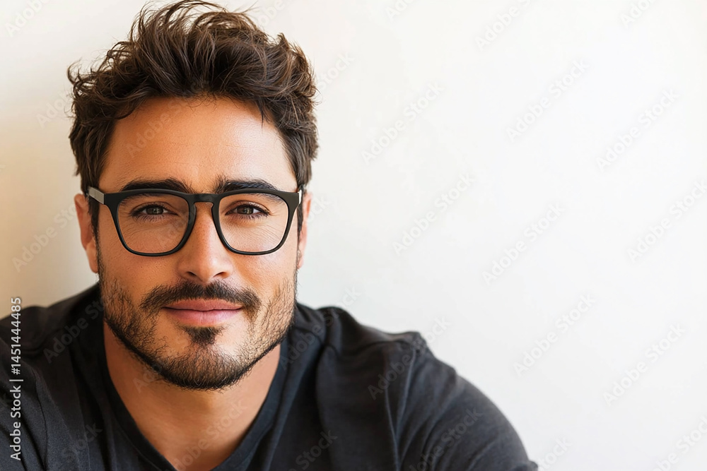 Close-up of a man wearing glasses on a white background, a man wearing glasses looks up Close-up of a man wearing glasses on a white background, a man wearing glasses looks up