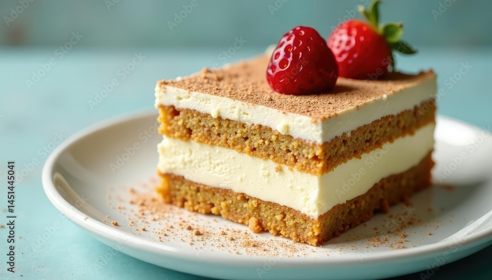 Close-up view of a single tiramisu slice, showcasing texture and layering , coffee flavored, texture Close-up view of a single tiramisu slice, showcasing texture and layering , coffee flavored, texture