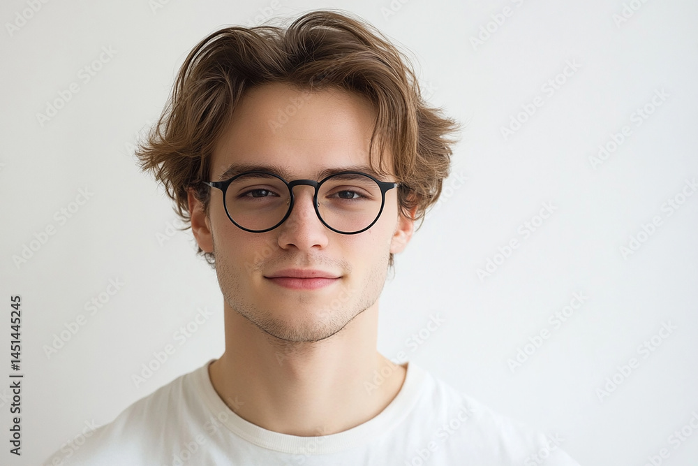 Close-up of a man wearing glasses on a white background, a man wearing glasses looks up Close-up of a man wearing glasses on a white background, a man wearing glasses looks up