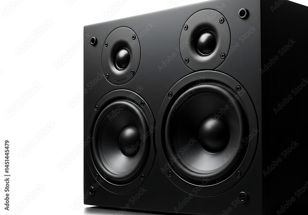 Close up of a black speaker with two woofers and two tweeters on a white and black background Close up of a black speaker with two woofers and two tweeters on a white and black background
