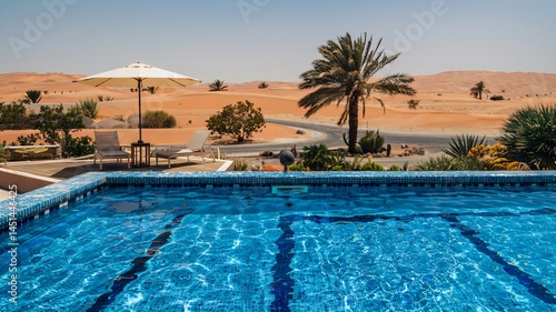 Relaxing desert oasis.  A sparkling blue pool overlooks a stunning desert landscape.