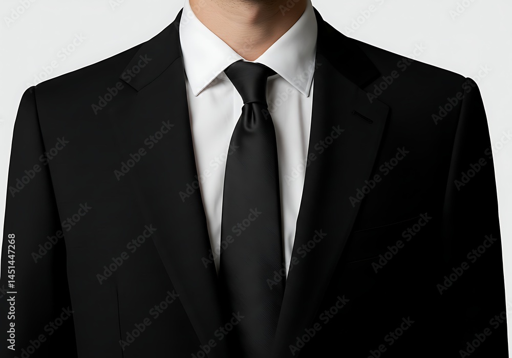 Close up of a man in a black suit with a white shirt and a black tie in a professional setting look Close up of a man in a black suit with a white shirt and a black tie in a professional setting look