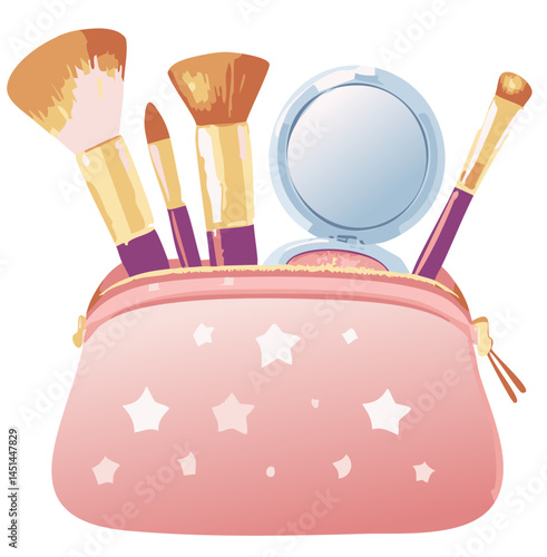 Makeup Bag with Brushes and Cosmetics – Beauty Essentials Vector Illustration

