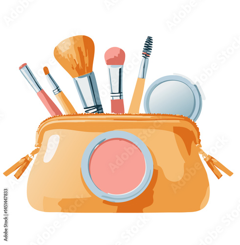 Makeup Bag with Brushes and Cosmetics – Beauty Essentials Vector Illustration

