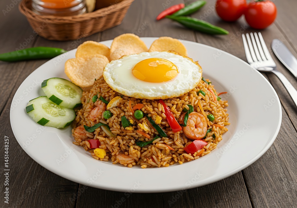 Close up of fried rice with egg and shrimp served on a plate with cucumbers and crackers on the side Close up of fried rice with egg and shrimp served on a plate with cucumbers and crackers on the side