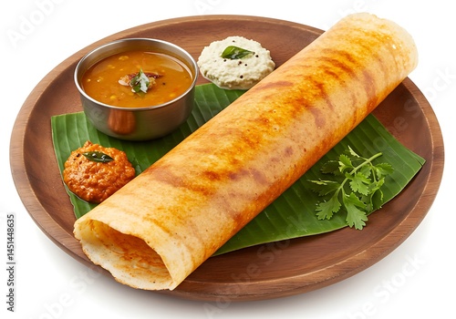 A dosa served on a wooden plate with sambar and chutneys garnished with fresh cilantro sprigs