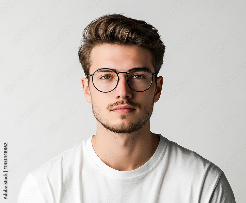 Close-up of a man wearing glasses on a white background, a man wearing glasses looks up Close-up of a man wearing glasses on a white background, a man wearing glasses looks up
