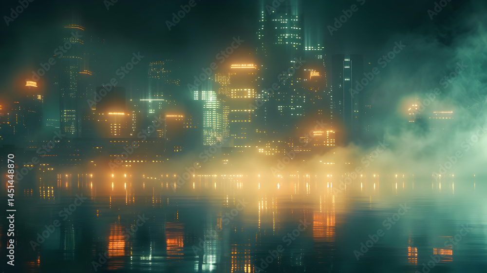 Obraz premium Foggy, glowing cityscape reflected in still water.