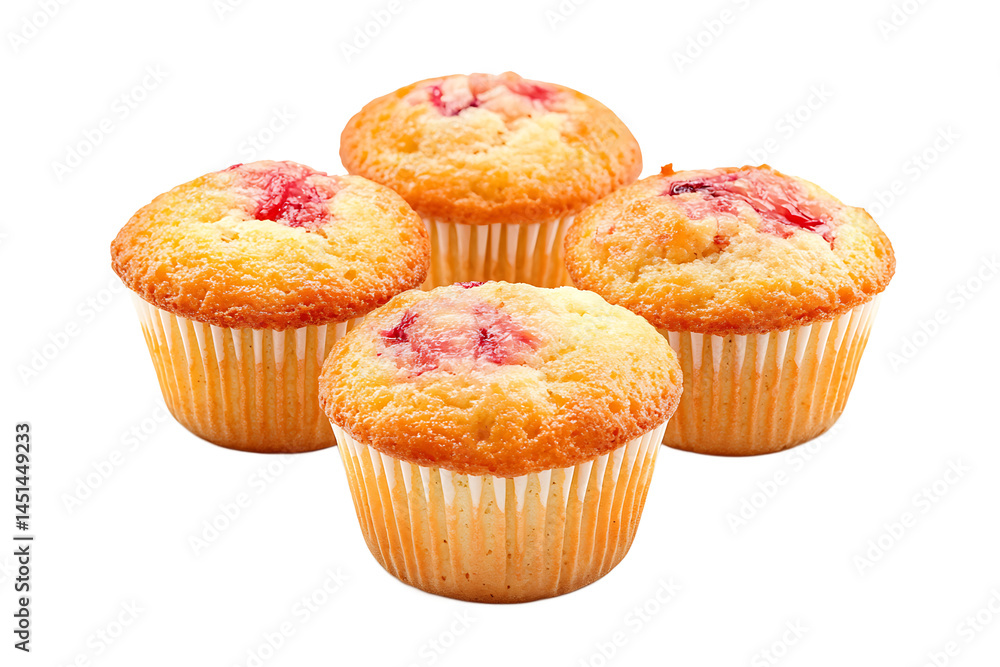 A close up of four muffins with red toppings in white paper cups on a black background studio shot A close up of four muffins with red toppings in white paper cups on a black background studio shot