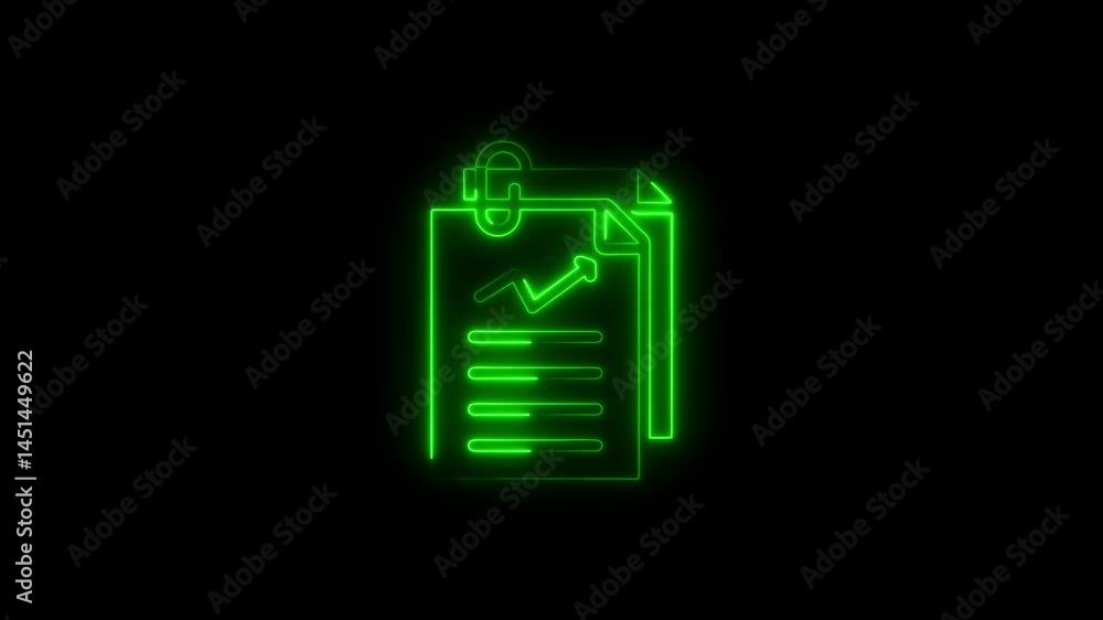 Animated neon green financial report document with rising growth chart and black background Animated neon green financial report document with rising growth chart and black background