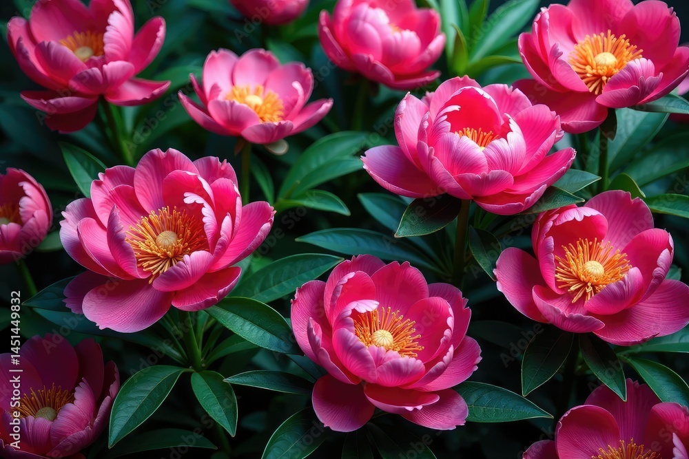 Bold peony blossoms & leaves, densely arranged , bold, seamless, illustration Bold peony blossoms & leaves, densely arranged , bold, seamless, illustration