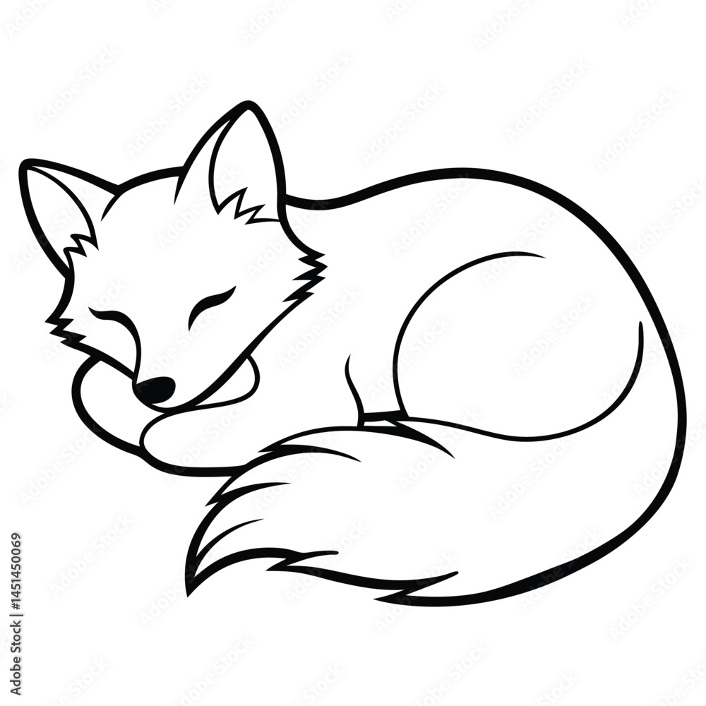 Naklejka premium Simple And Cute Fox Sleeping In Cartoon Black And White