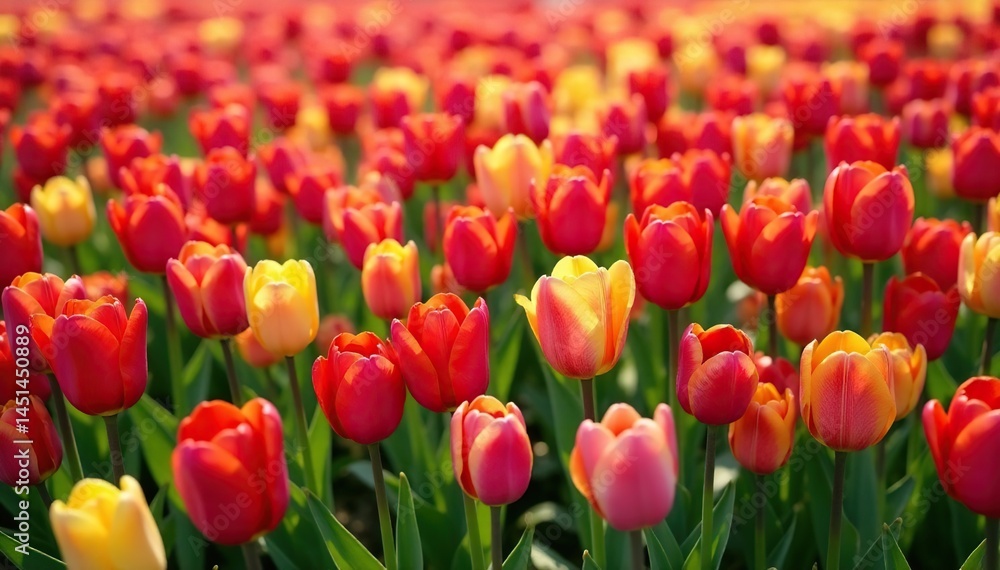 Fototapeta premium Densely packed vibrant tulips in rhythmic array , garden, wallpaper