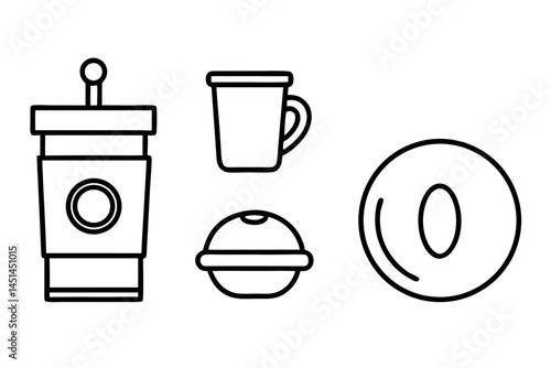 Line art illustration of coffee cup mug donut and takeaway coffee container