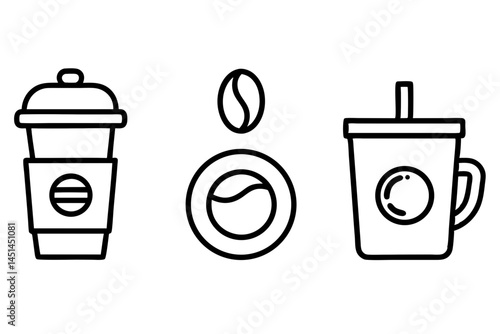 Simple Line Art Illustration of Coffee Cups Beans and a Beverage