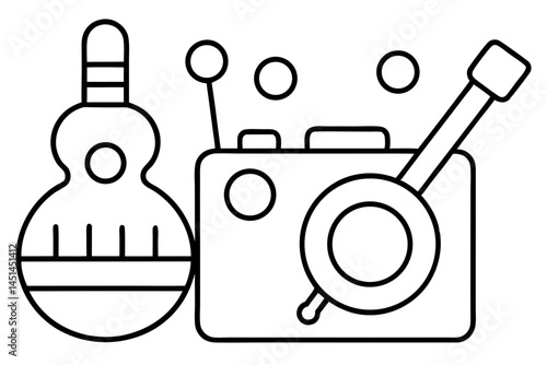 Line Art Illustration of a Radio with a Guitar and Musical Notes