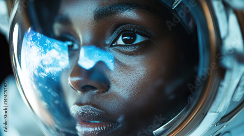 A close up portrait of black astronaut with earth reflected in helmet visor showing determination and focus in space exploration