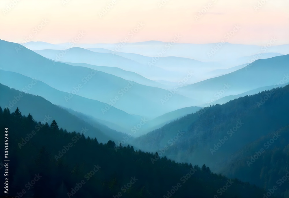 Obraz premium Serene Mountain Landscape with Misty Layers, Wallpaper