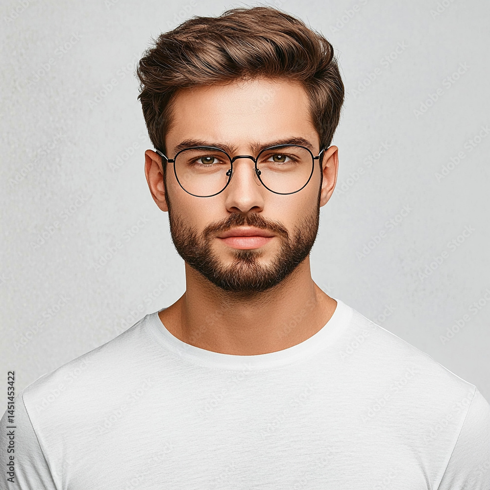 Close-up of a man wearing glasses on a white background, a man wearing glasses looks up Close-up of a man wearing glasses on a white background, a man wearing glasses looks up
