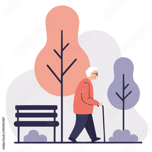 Retiree walking in park - cheerful senior strolling through autumn park enjoying golden foliage and last warm sun rays.